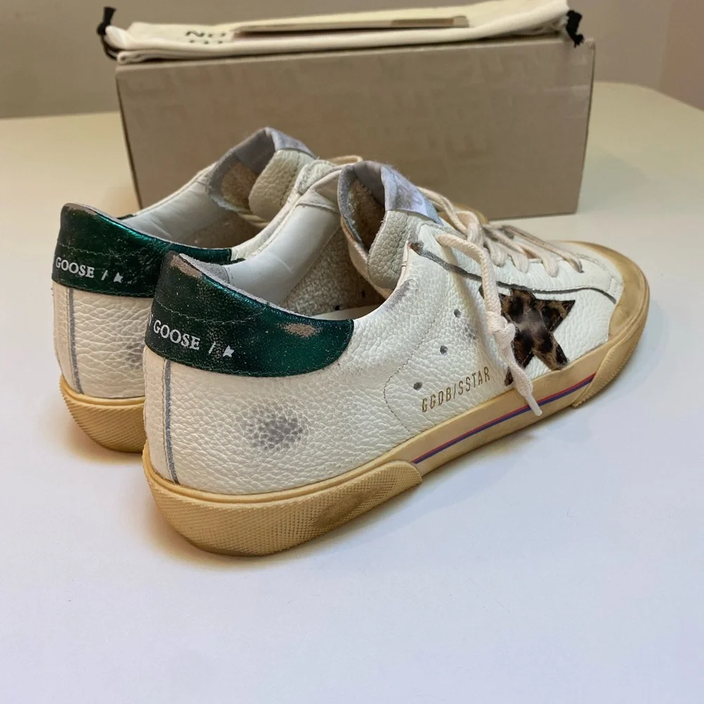 Golden Goose Superstar Penstar White Leather/Green/Leopard Star sz 38 New in Box - Picture 13 of 14